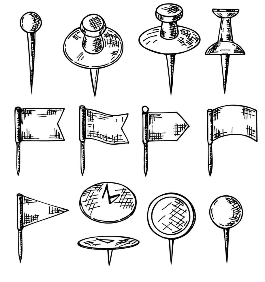 hand dragen skjuta på stift, vektor klotter navigering stift uppsättning. pekare av plats på de Karta. Spår plats