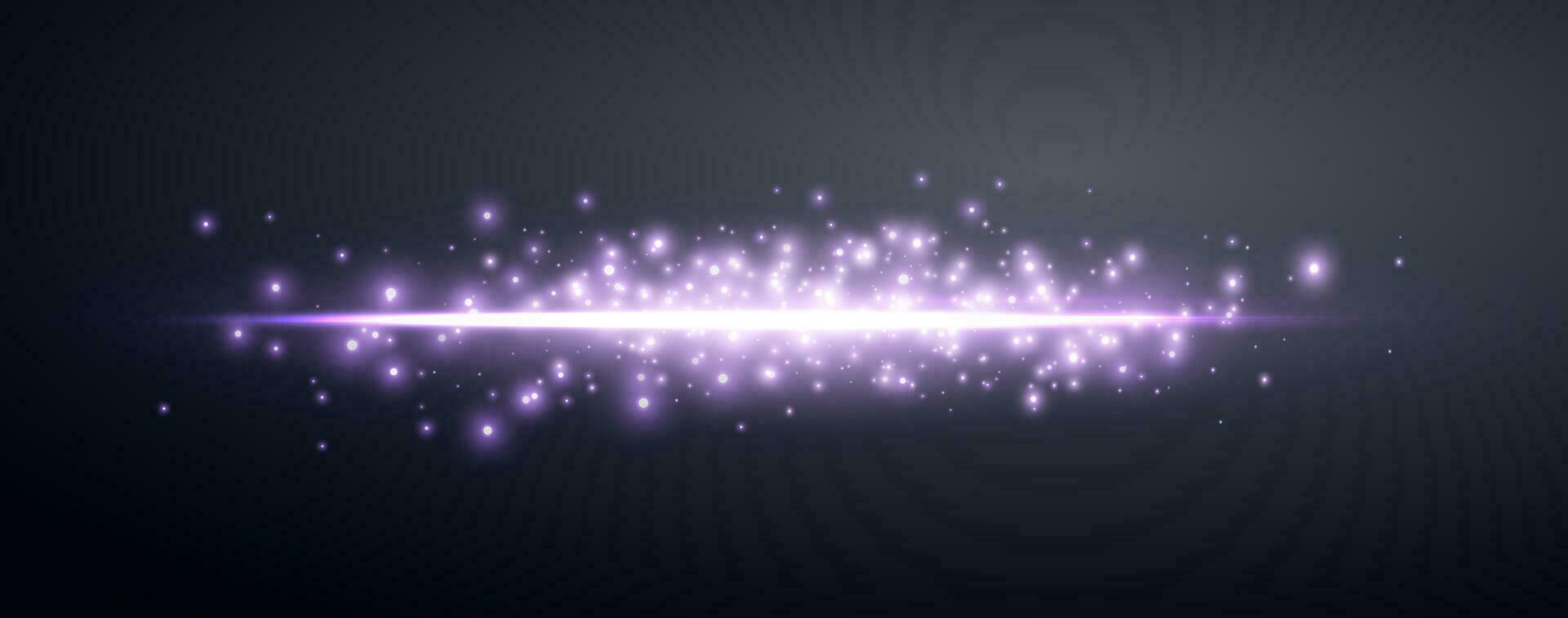 lila horisontell linsflare. ljus blixt med strålar eller violett strålkastare och bokeh. glöd blossa ljus effekt. vektor illustration. isolerat på mörk bakgrund.
