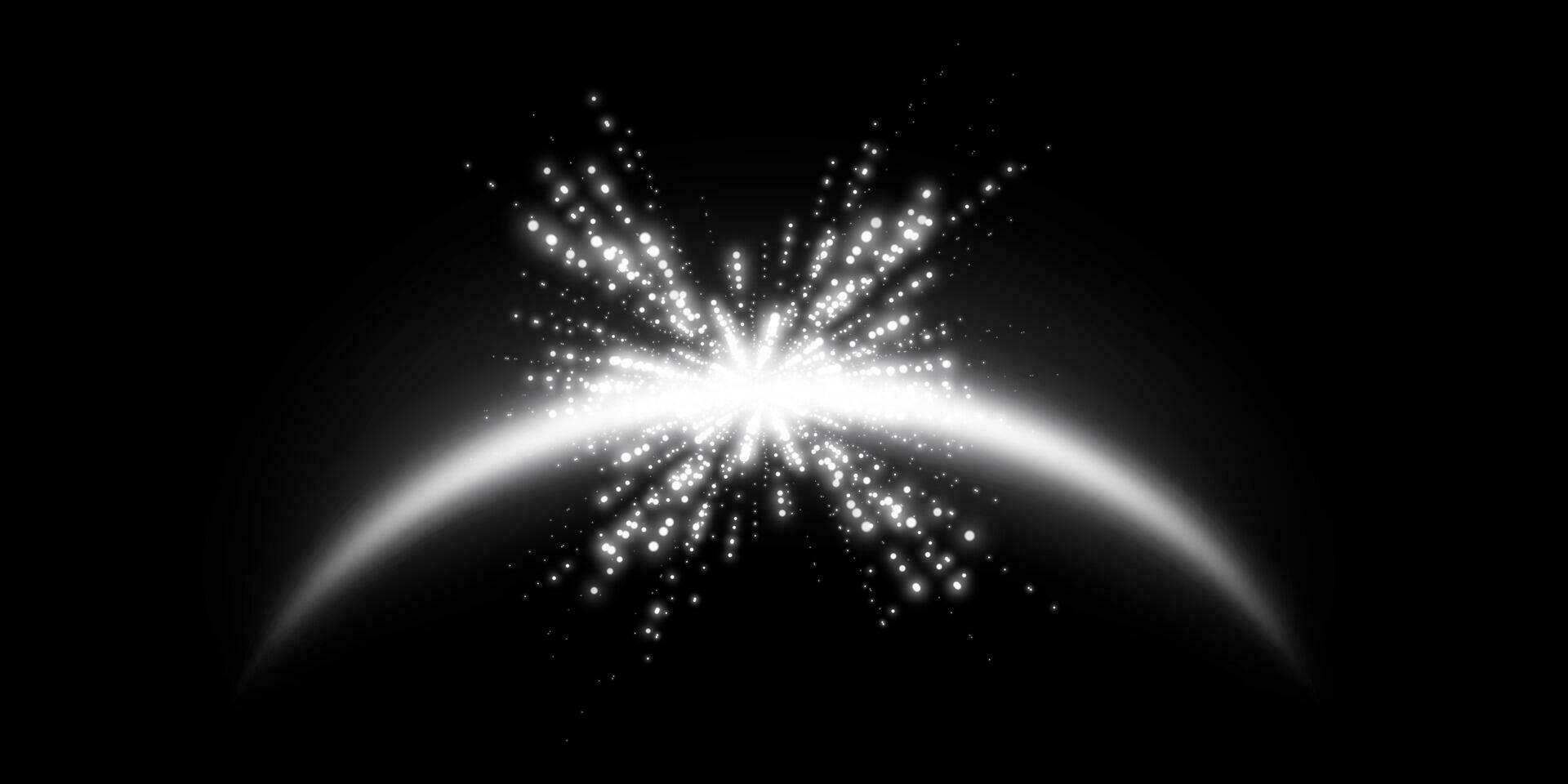 silver- magi båge med lysande partiklar, solljus lins blossa. neon realistisk energi blossa båge. abstrakt ljus effekt på en svart bakgrund. vektor illustration.