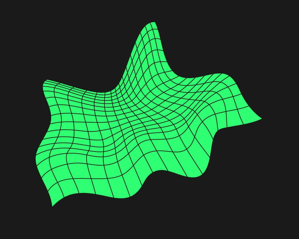 förvrängd cyber rutnät. cyberpunk geometri element y2k stil. isolerat grön maska på svart bakgrund. vektor mode illustration.
