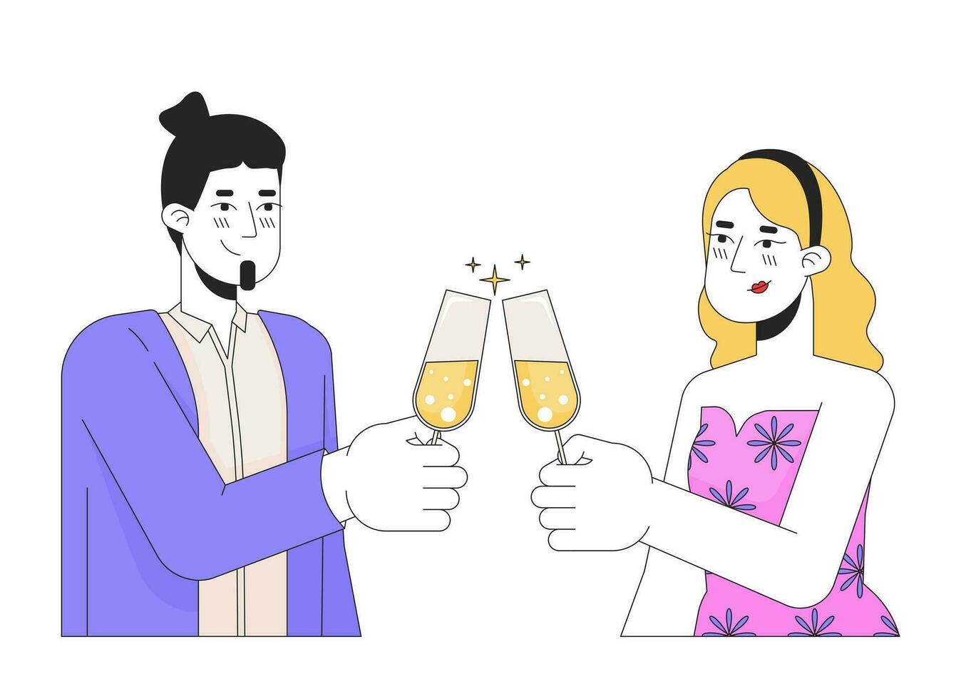 kaukasisch Weiß Paar Klirren Brille 2d linear Karikatur Figuren. tief im Liebe Lieblinge isoliert Linie Vektor Menschen Weiß Hintergrund. Toasten Champagner Farbe eben Stelle Illustration