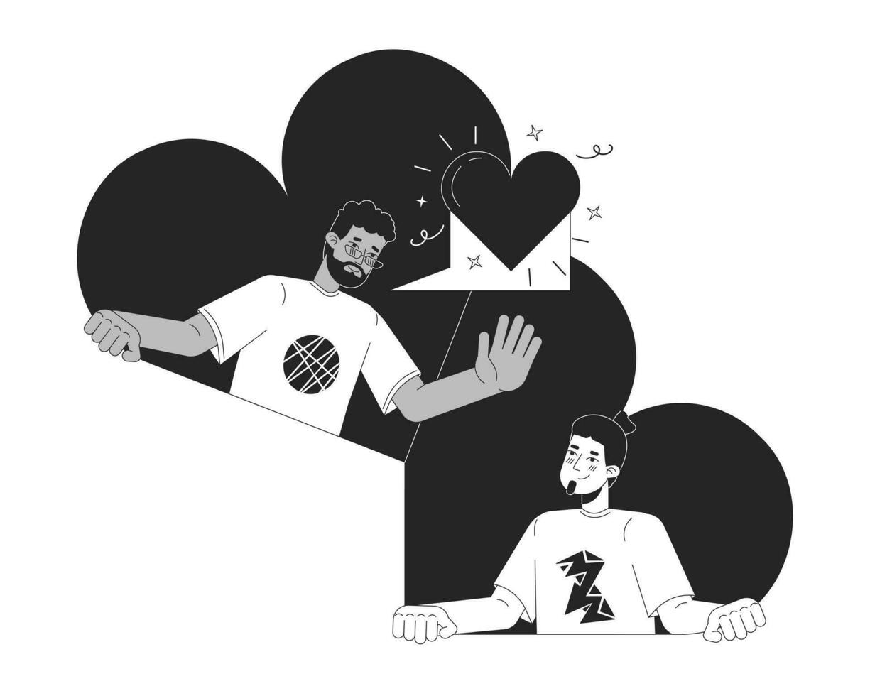 Freunde Fröhlich Dating App schwarz und Weiß 2d Illustration Konzept. interracial Liebhaber homosexuell Karikatur Gliederung Zeichen isoliert auf Weiß. lange Entfernung Beziehung Metapher einfarbig Vektor Kunst