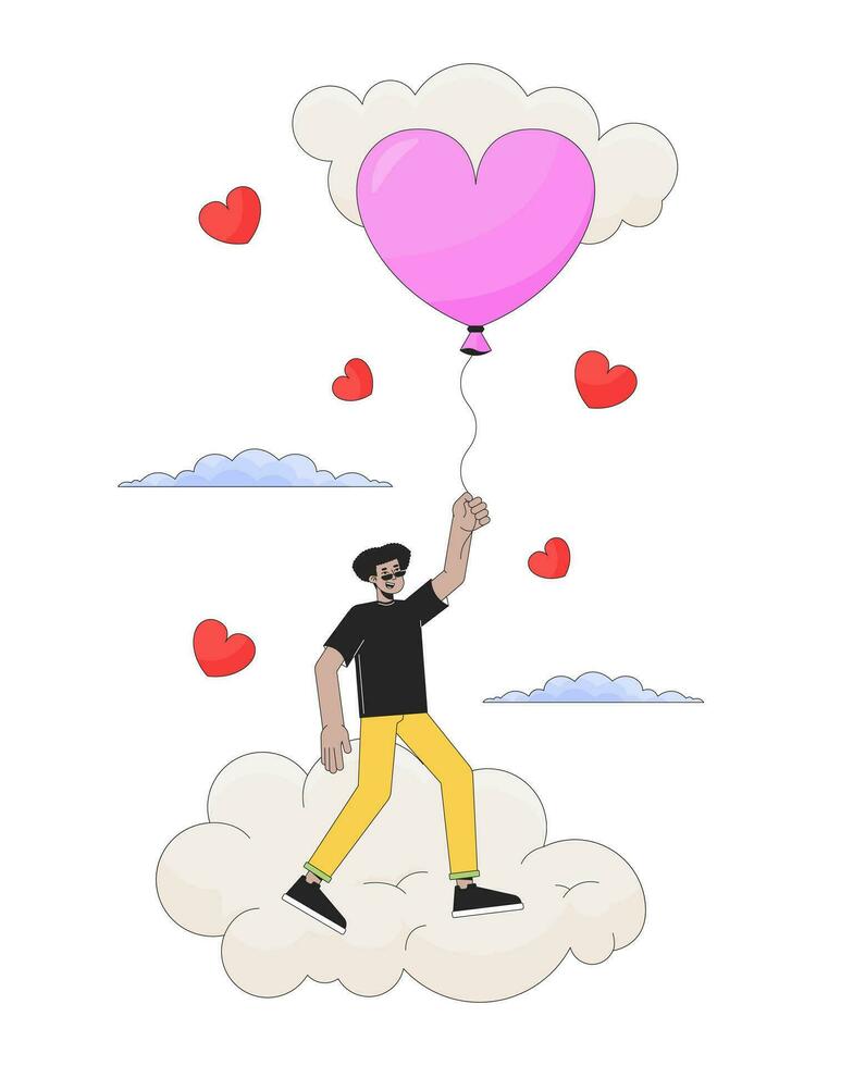 spanisch Mann fliegend mit Ballon über Wolken 2d linear Karikatur Charakter. wolkig Herz Ballon männlich Latein amerikanisch isoliert Linie Vektor Person Weiß Hintergrund. verträumt Farbe eben Stelle Illustration