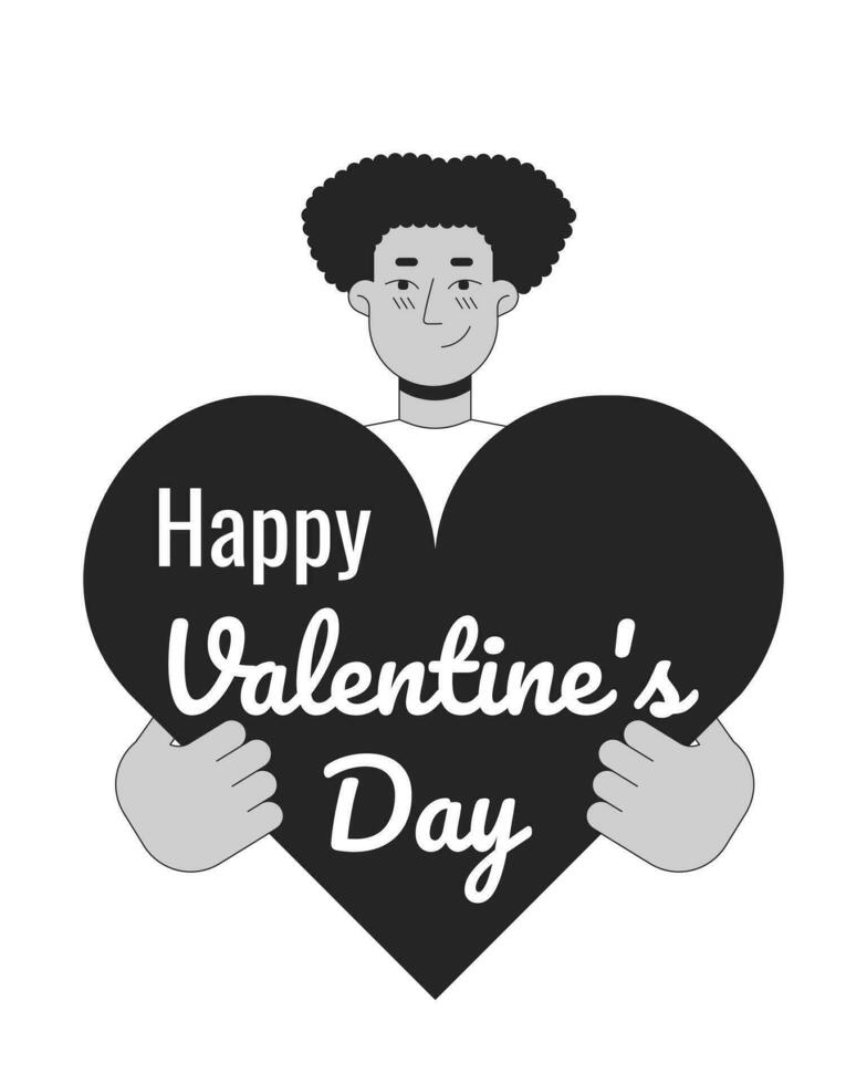 latinamerikan man innehav valentine dag hjärta svart och vit 2d illustration begrepp. manlig latin amerikan tecknad serie översikt karaktär isolerat på vit. 14 februari fira liknelse svartvit vektor konst