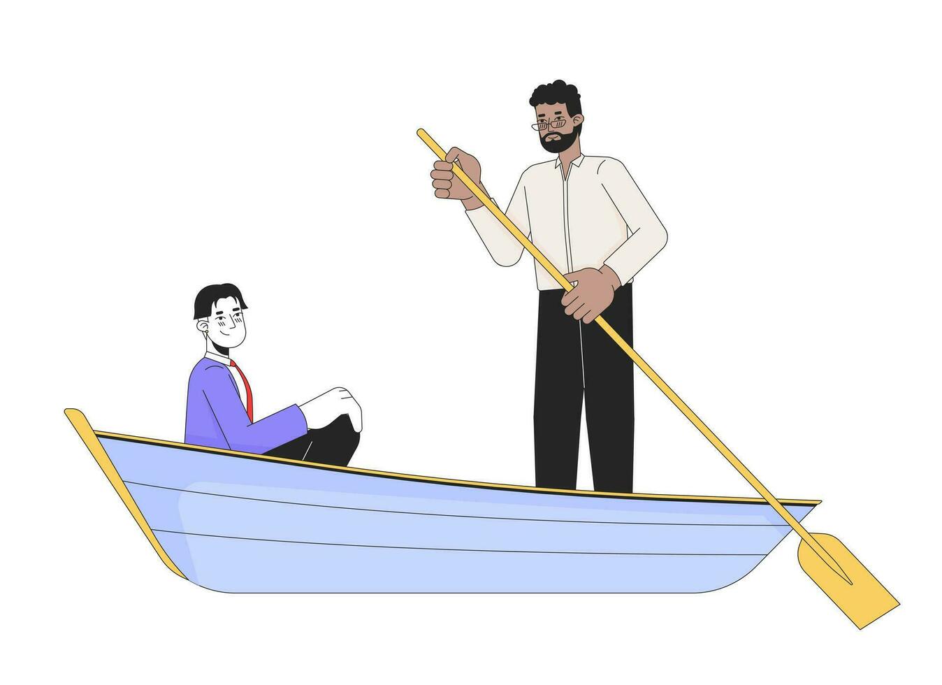 interracial Fröhlich Männer auf romantisch Boot Reiten 2d linear Karikatur Figuren. zärtlich homosexuell Paar isoliert Linie Vektor Menschen Weiß Hintergrund. See Romantik Farbe eben Stelle Illustration