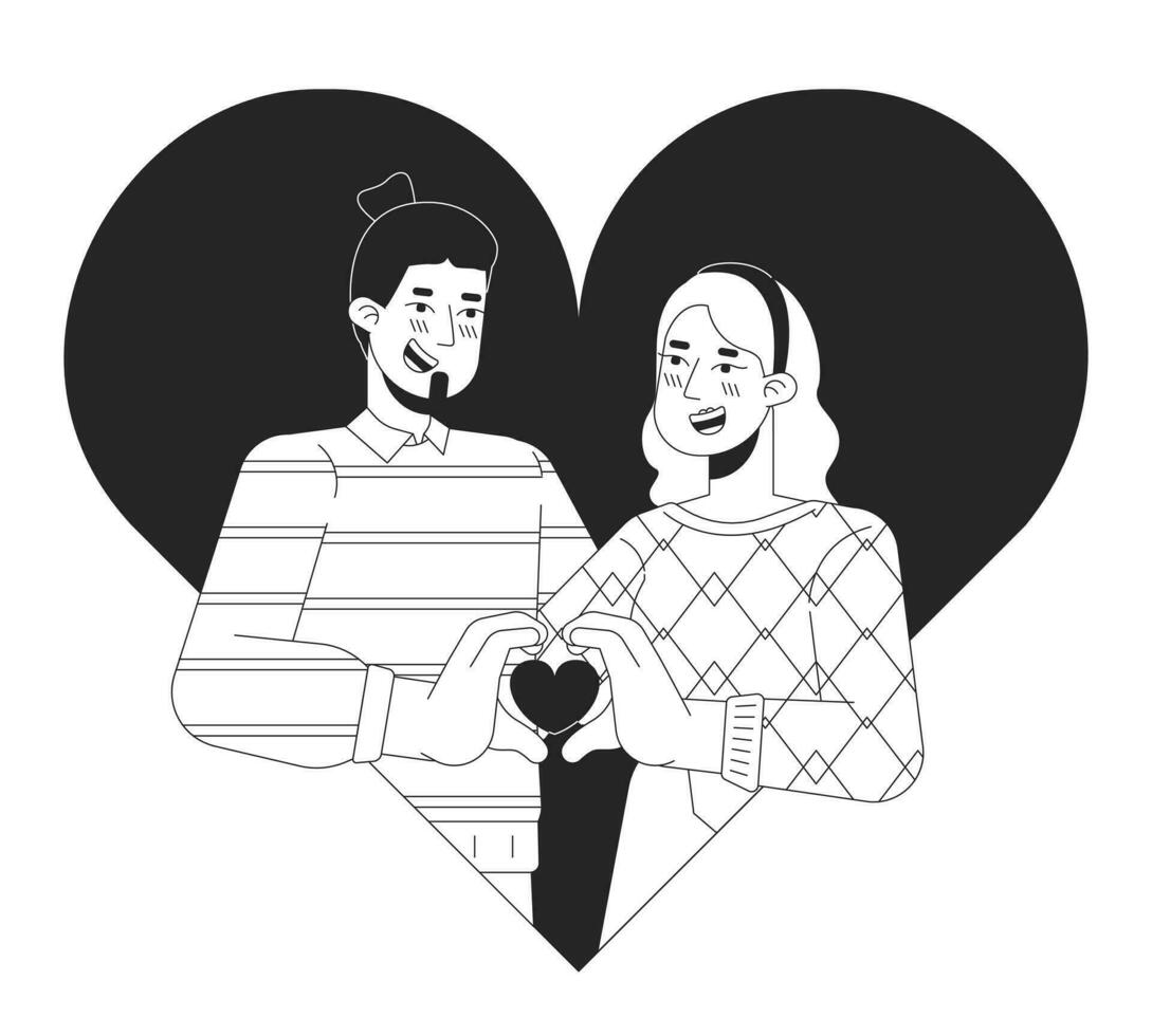 caucasian flickvän pojkvän 14 februari svart och vit 2d illustration begrepp. valentine dag par tecknad serie översikt tecken isolerat på vit. bindning relationer liknelse svartvit vektor konst