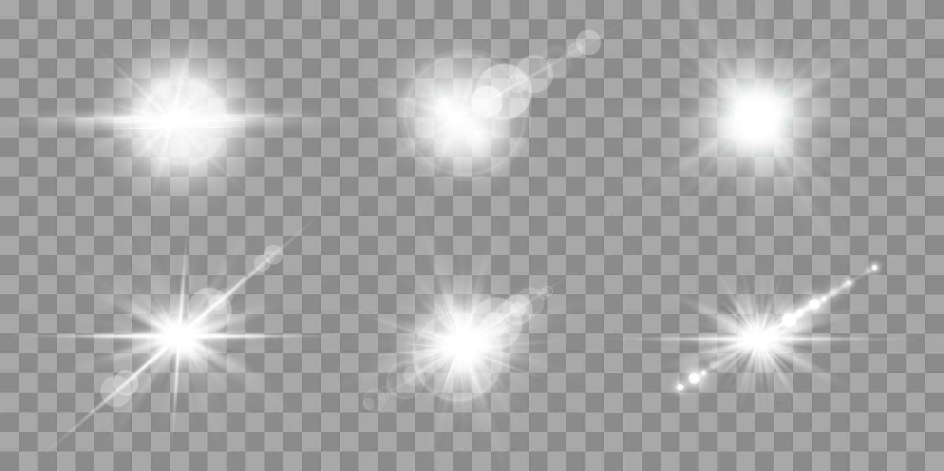silver- lins bloss uppsättning. Sol blixt med strålar strålkastare och bokeh. grå glöd blossa ljus effekt. vektor illustration.