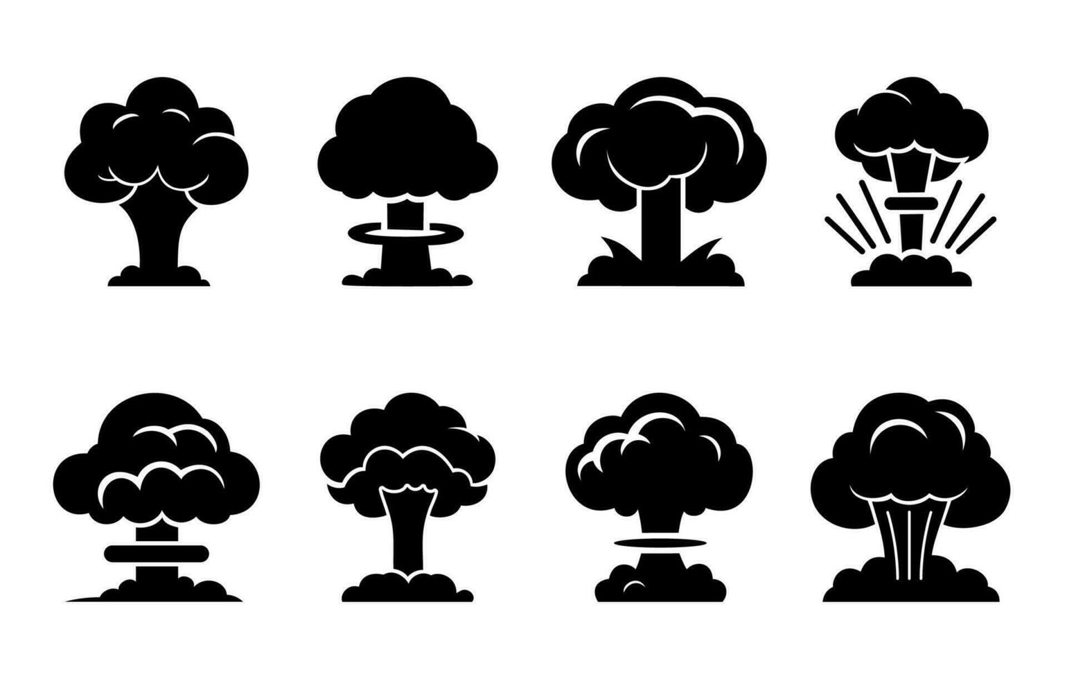 kärn explosion svamp moln uppsättning ikon. atom- bomba krig, symbol slutet av de värld isolerat på vit bakgrund. vektor illustration