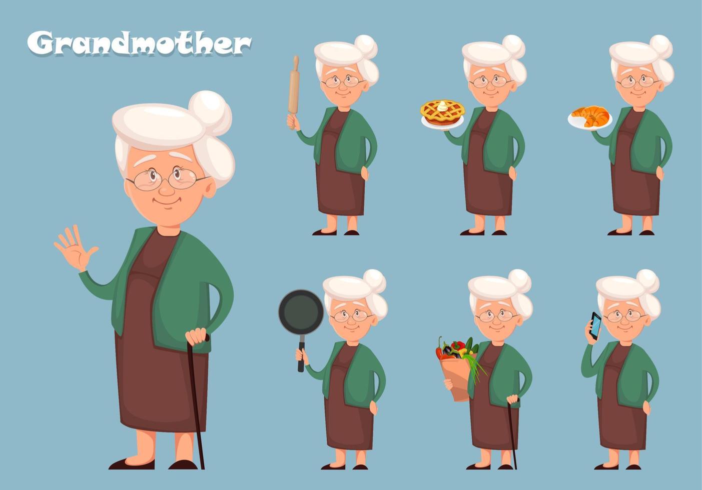 Großmutter Zeichentrickfigur, Satz von sieben Posen vektor