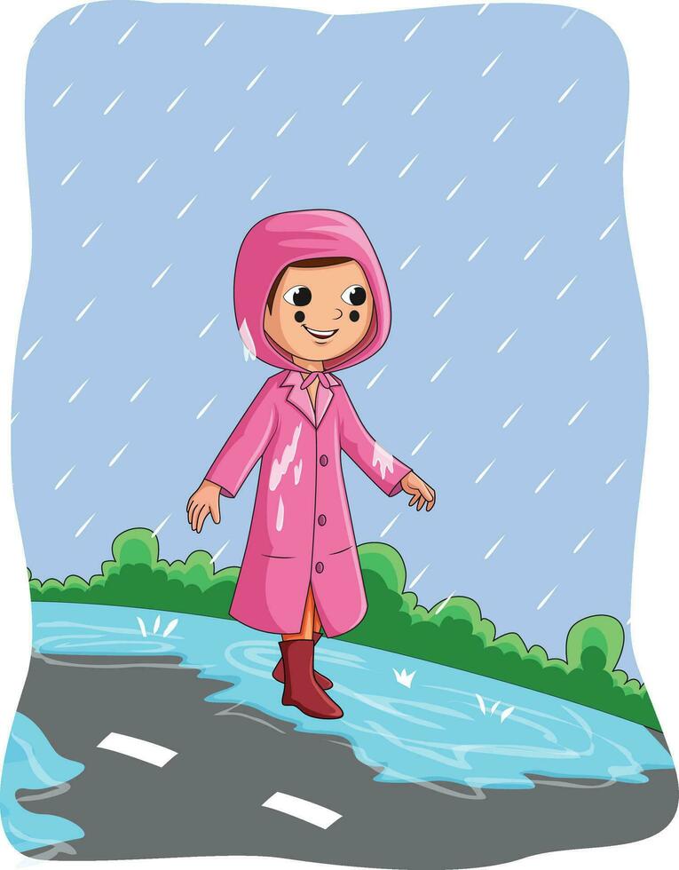 flicka bär regnkappa och gående på de väg i de regn vektor illustration