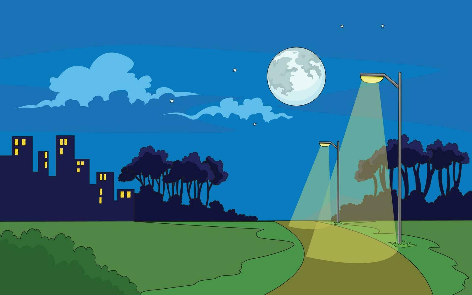 Vektor Illustration zeigen schön Nacht Aussicht mit Mond, Wolken, Gebäude, Bäume und Straße Licht
