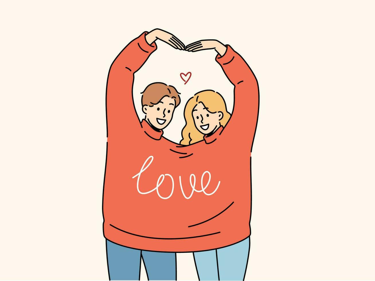 Paar im Liebe tragen gleich Sweatshirt zusammen macht Herz gestalten von Hände, zeigen Sympathie und Hingabe. Kerl und Mädchen mit Inschrift Liebe auf Kleider gratulieren Sie auf Valentinstag Tag vektor