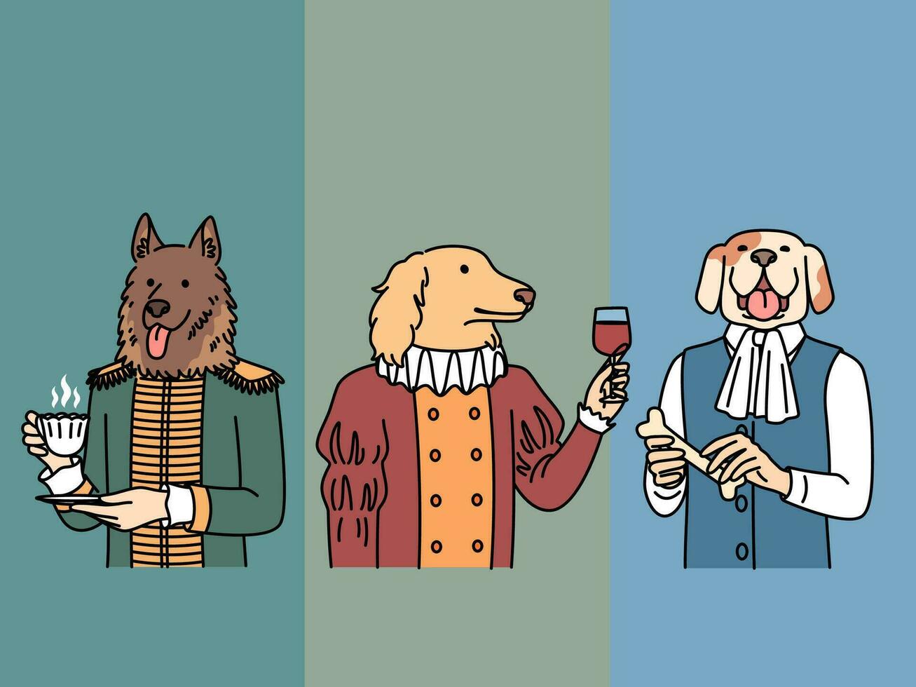 Hunde mit Körper von Menschen im Kleider von Herren und mittelalterlich Könige halt Becher von Tee oder Glas von Wein. Parodie Hunde im Bild von Aristokraten von hoch Gesellschaft von 18 .. Jahrhundert gekleidet im Jahrgang Kostüme vektor