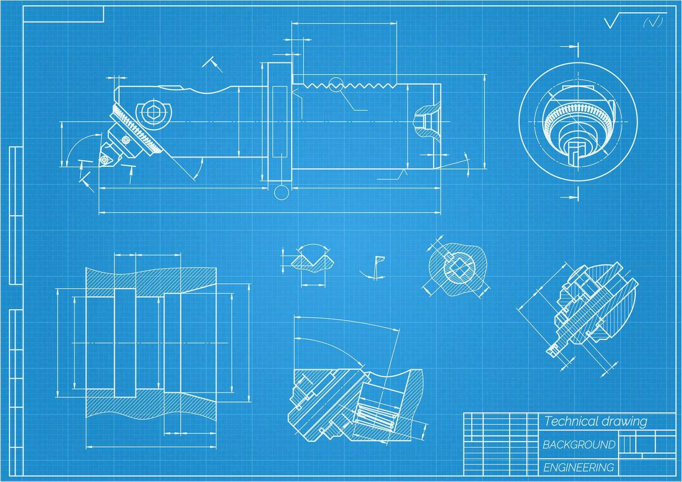 mechanisch Ingenieurwesen Zeichnungen auf Blau Hintergrund. langweilig Bar mit mikrometrisch Einstellung. technisch Design. Abdeckung. Entwurf. Vektor Illustration