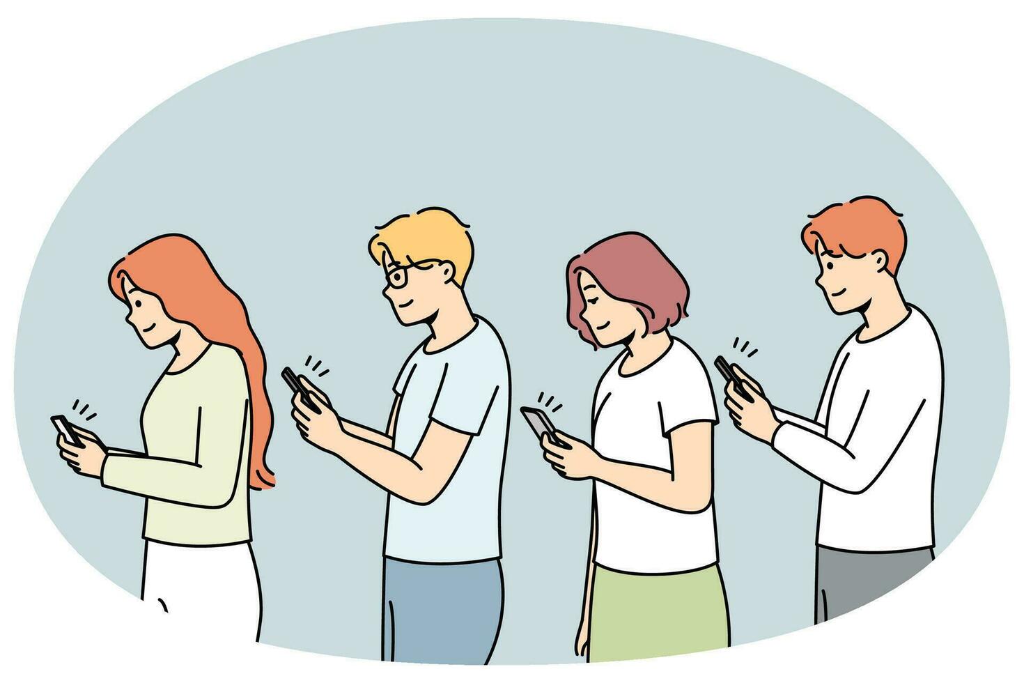 junge menschen im einklang mit smartphones in gerätesüchtigen händen. Männer und Frauen mit Handysucht. Technik und moderne Welt. Vektor-Illustration. vektor