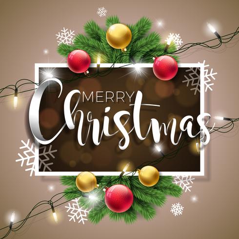 Vector frohe Weihnacht-Illustration auf Brown-Hintergrund mit Typografie und Holiday Light Garland, Pine Branch, Schneeflocken und dekorativer Ball.