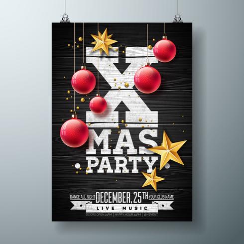 Vector Christmas Party Flygdesign med Holiday Typography Elements och prydnadsboll, Cutout Paper Star på Vintage Wood Background. Premium Celebration Poster Illustration.
