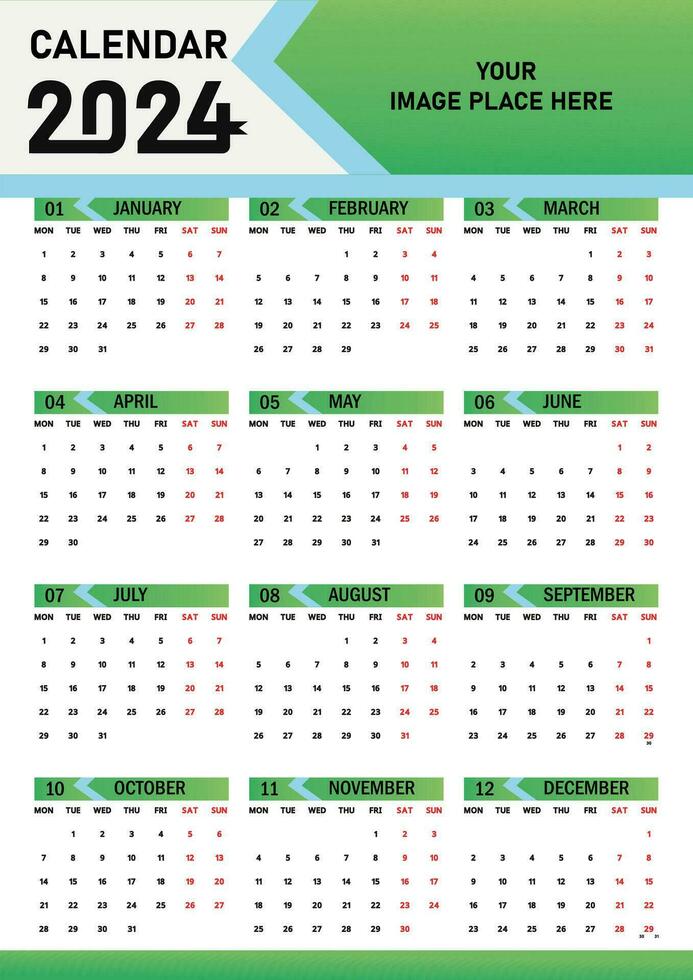 Mauer Kalender 2024 Neu Jahr Single Seite 12 Monat jährlich Kalender Vorlage. monatlich jährlich Kalender Layout bereit zu drucken. 2024 jährlich Kalender Gitter Mauer oder Schreibtisch Layout. Planer zum 2024 Jahr, Tagebuch. vektor