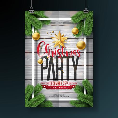 Vector Merry Christmas Party Flygdesign med Holiday Typography Elements och prydnadsbollar på Vintage Wood Background. Premium Celebration Poster Illustration.