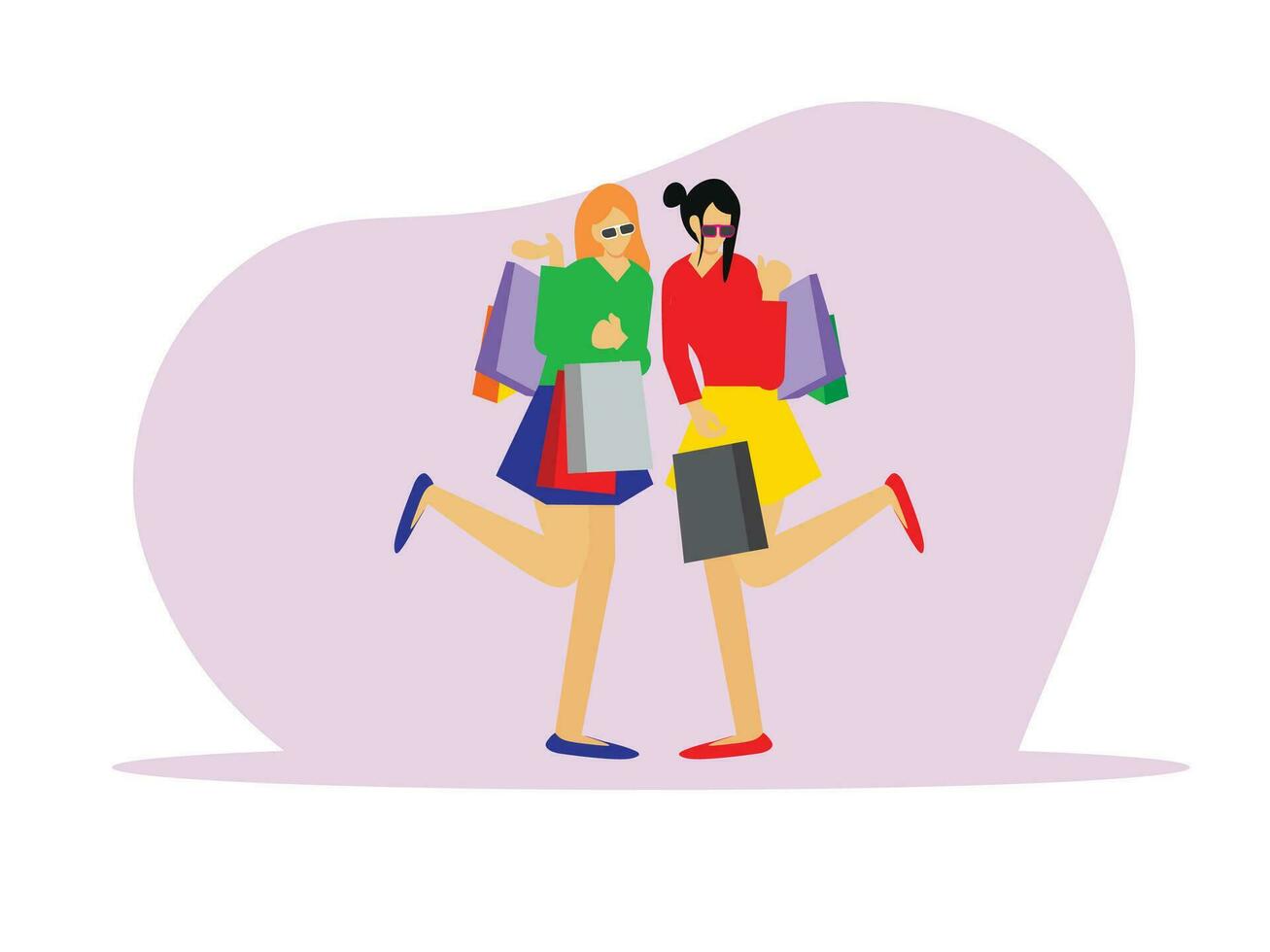 zwei Frauen sind Ausgaben Zeit von ihr Freundschaft durch Einkaufen Zeug und Tragen Einkaufstaschen von ihr besitzen vektor