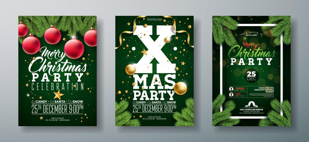 Vector Christmas Party Flyer Design med Holiday Typografi Elements and Ornamental Ball, Pine Branch på Dark Green Background.