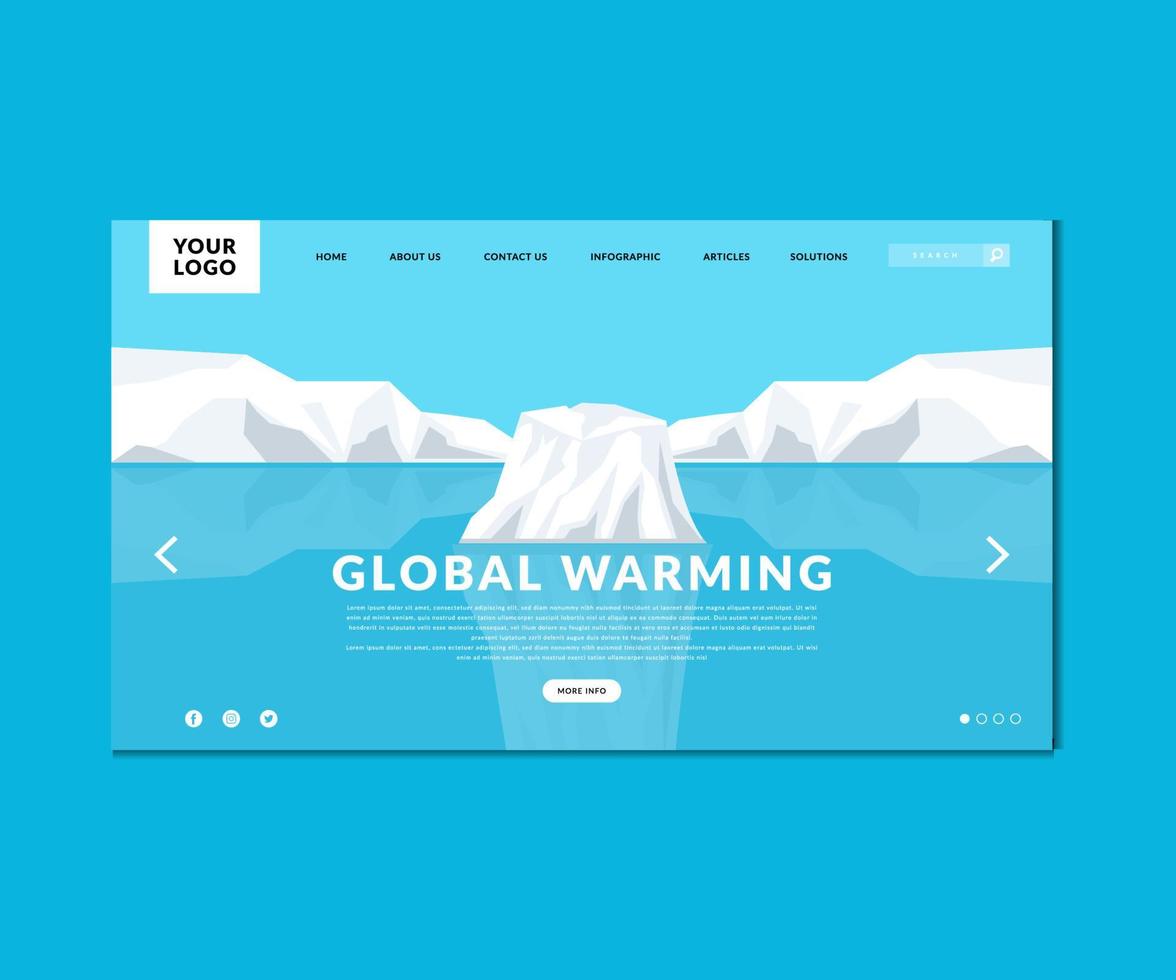 Globale Erwärmung flache Landingpage-Design. Homepage Design Klimawandel Vorlage. Eisberg gebrochen, Gletscher geschmolzen vektor