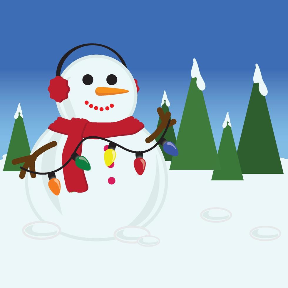 Frohe Weihnachtskarte mit Schneemann mit Lichtern vektor