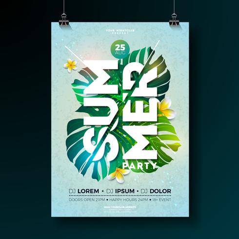 Vector Summer Beach Party Flyer Design med blomma och tropiska växter på blå bakgrund. Sommar natur blommiga element och typografiska brev. Designmall för banner, flygblad, inbjudan, affisch.