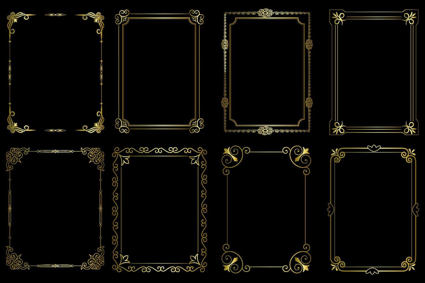 dekorativ Kunst Deko Frames im Gold Farbe. Linie Kunst dekorativ Grenzen. Jahrgang Frames zum Hochzeit, Dekoration, Antiquität Design, Grenzen und Deko Teiler. Vektor Illustration