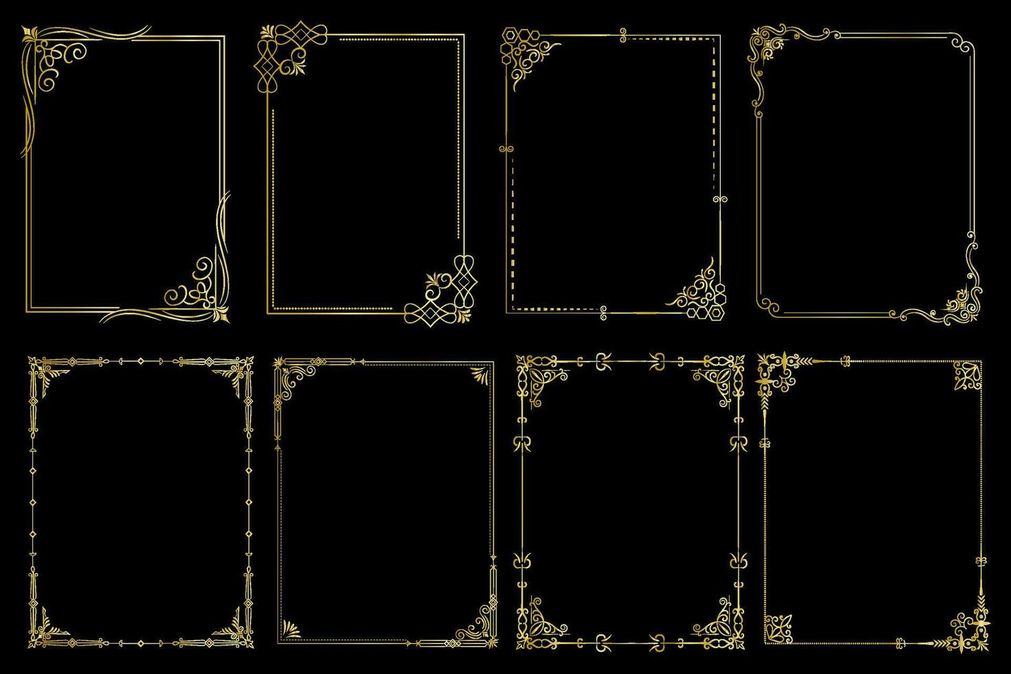 dekorativ Kunst Deko Frames im Gold Farbe. Linie Kunst dekorativ Grenzen. Jahrgang Frames zum Hochzeit, Dekoration, Antiquität Design, Grenzen und Deko Teiler. Vektor Illustration