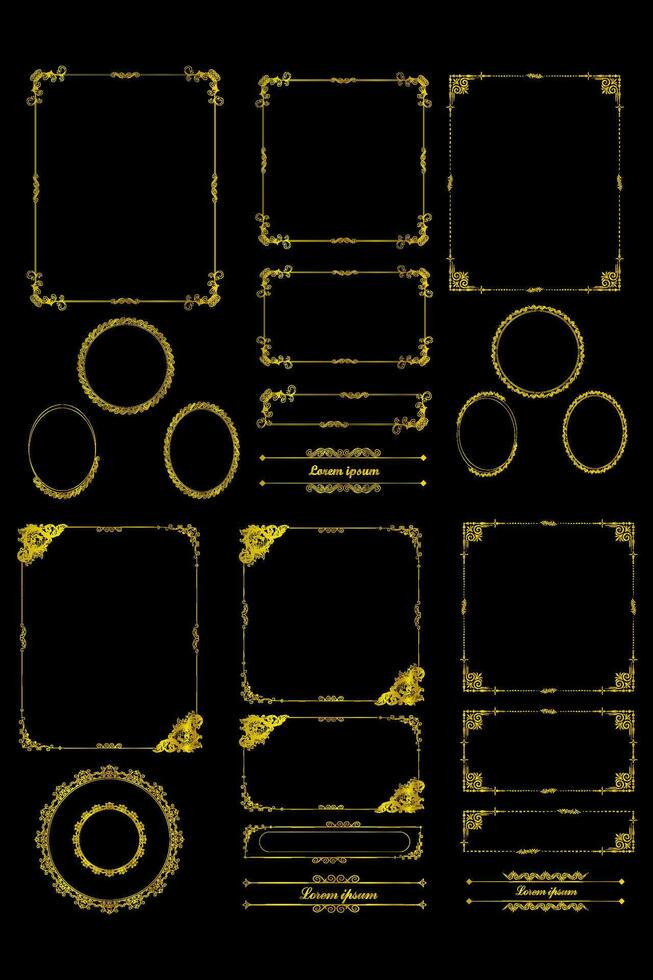dekorativ konst deco ramar i guld Färg. linje konst dekorativ gränser. årgång ramar för bröllop, dekoration, antik design, gränser och deco delare. vektor illustration