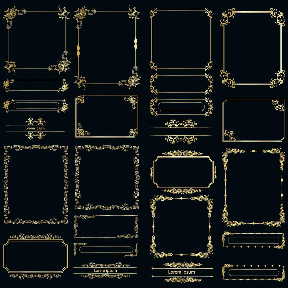 dekorativ Kunst Deko Frames im Gold Farbe. Linie Kunst dekorativ Grenzen. Jahrgang Frames zum Hochzeit, Dekoration, Antiquität Design, Grenzen und Deko Teiler. Vektor Illustration