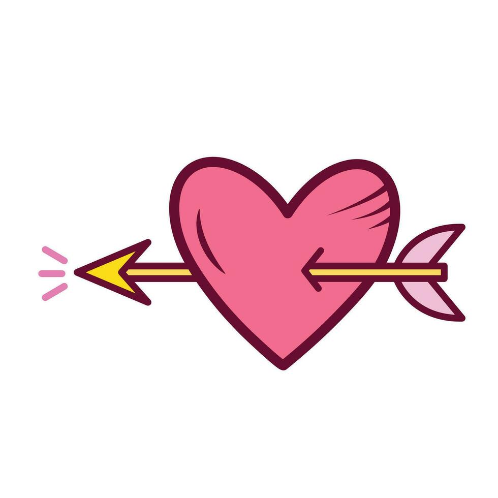 rosa hjärta genomborrad med cupid's gyllene pil färgad vektor illustration ikon med översikt isolerat på vit fyrkant bakgrund. enkel platt minimalistisk konst styled tecknad serie valentine tema teckning.