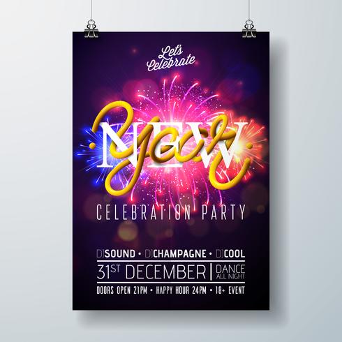 Party-Feier-Plakat-Schablonen-Illustration des neuen Jahres mit Typografie-Design und Feuerwerk auf glänzendem buntem Hintergrund. Vektor-Feiertags-Prämieneinladungs-Flieger oder Promo-Fahne. vektor