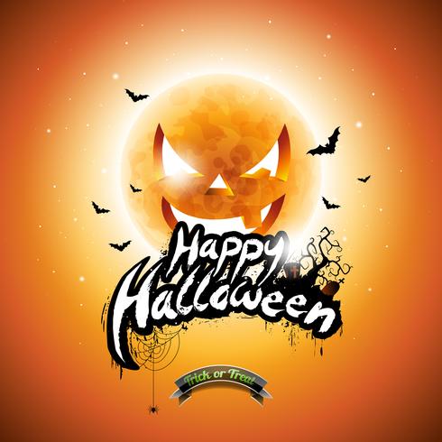 Vektor Glad Halloween illustration med typografiska element och pumpa månen på orange bakgrund.