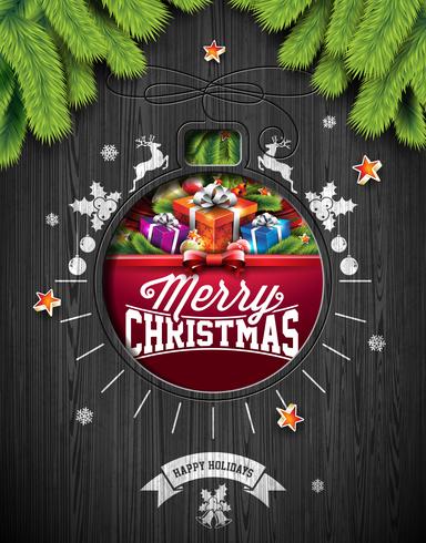 Vector frohe Weihnacht-Feiertags- und guten Rutsch ins Neue Jahr-Illustration mit typografischem Design und Schneeflocken auf hölzernem Hintergrund der Weinlese.