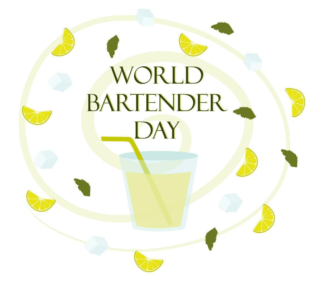 internationell bartendrar dag baner med glas och cocktail Ingredienser. 6 februari. vektor platt mall för baner, kort, affisch. illustration med spritz cocktail med kalk skiva och is kuber.