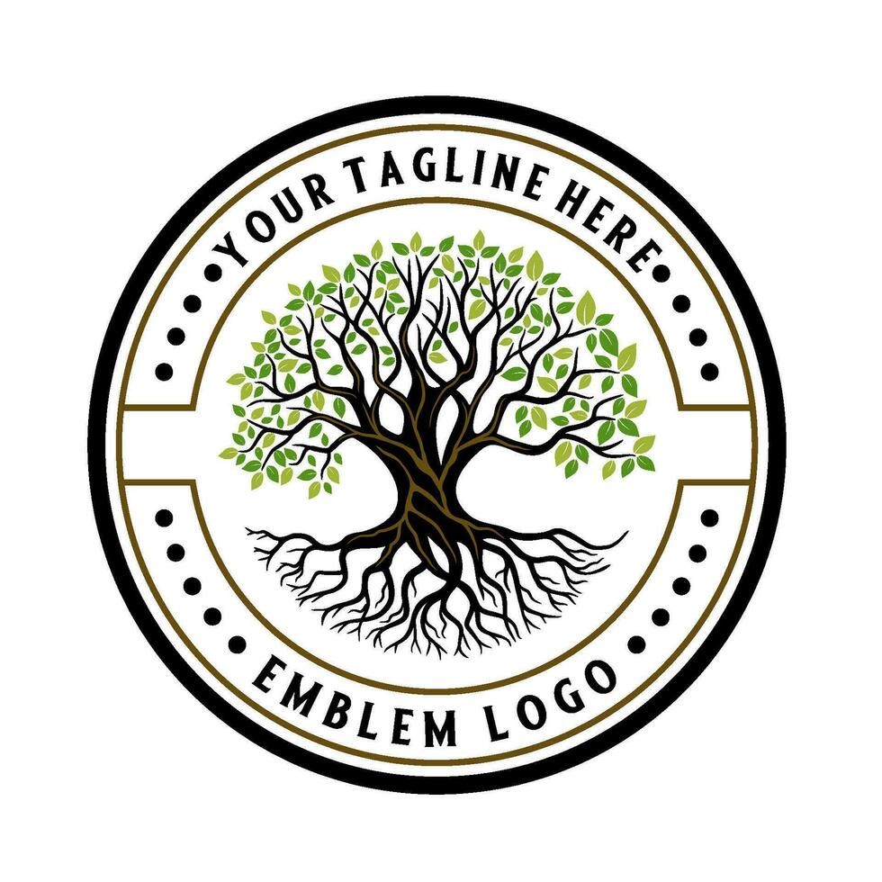 årgång träd logotyp, träd rötter i en cirkel vektor