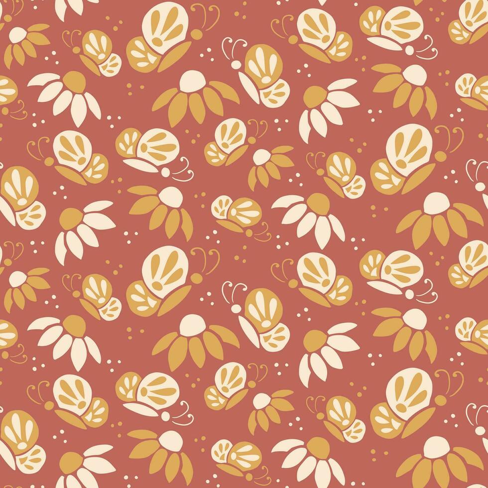 Blumen- Jahrgang abstrakt nahtlos Muster mit Schmetterlinge. eben Hand gezeichnet Blumen mit Punkte und Schmetterlinge. modisch retro drucken Design zum Textil, Hintergrund, Innere, Verpackung Papier vektor