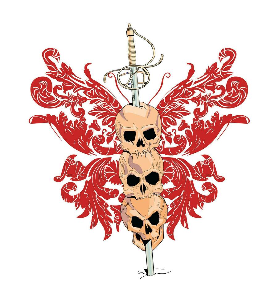 T-Shirt Design mit drei Schädel aufgespießt durch ein mittelalterlich Schwert. Illustration Über das Schrecken von Krieg. vektor