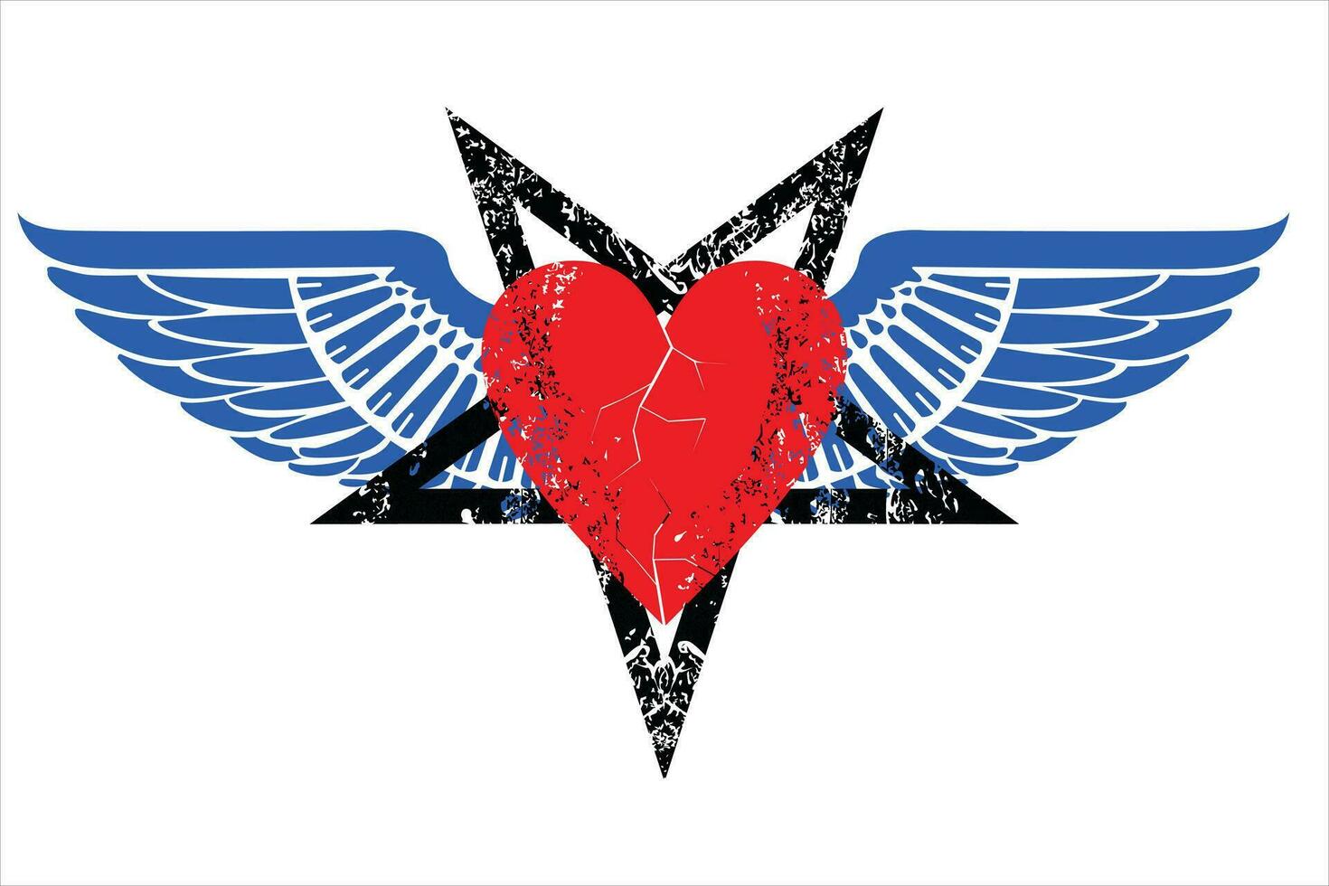 t-shirt design av en bevingad hjärta Nästa till en femspetsig stjärna. Bra illustration för satanisk kärlek. vektor
