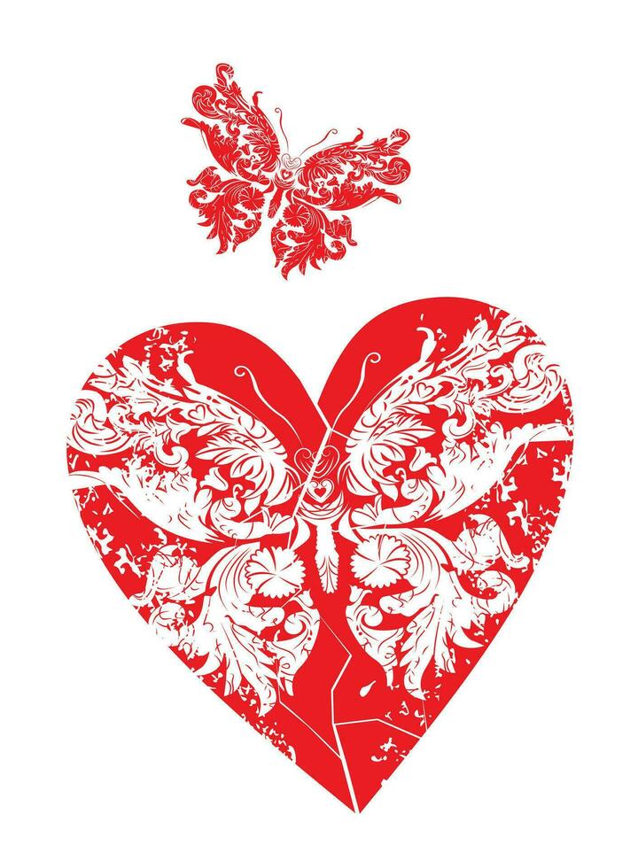 T-Shirt Design von zwei Schmetterlinge Nächster zu ein rot Herz. gut Illustration zum Valentinstag Tag vektor