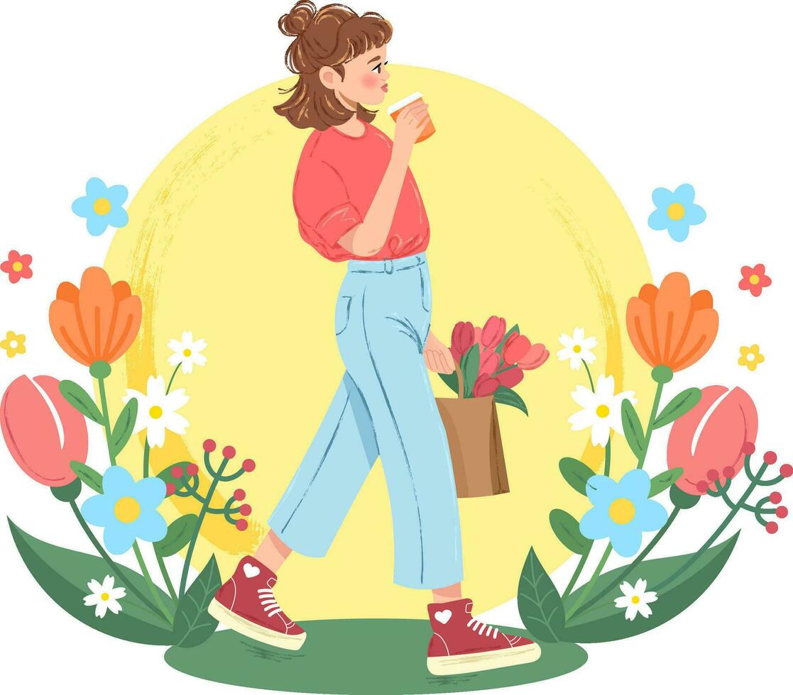 Illustration von ein Gehen Mädchen mit Kaffee und ein Strauß von Tulpen auf ein Hintergrund von Frühling Blumen. Vektor Illustration