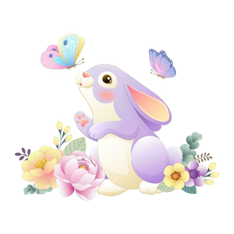 illustration av en söt kanin med fjärilar och blommor. vektor illustration