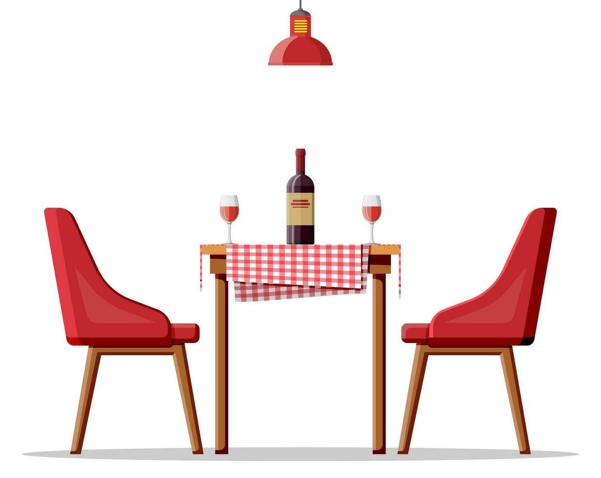 interiör av hus dining rum, tabell med stolar och lampa. restaurang eller Kafé, flaska av vin och glasögon. romantisk datum begrepp. möbel isolerat på vit. tecknad serie platt vektor illustration.