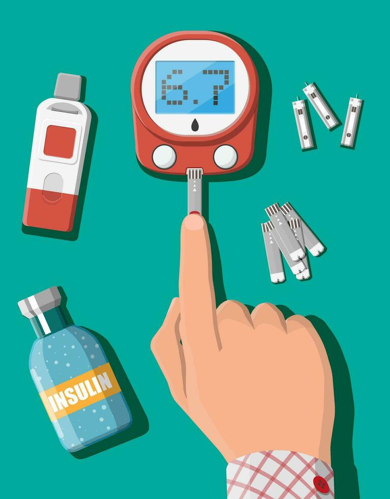 testen Blut Glucose Konzept. Glukometer, Prüfung Streifen im Hand. Prüfung Ausrüstung und Medizin. Gesundheitspflege, Krankenhaus und medizinisch Diagnose. Dringlichkeit Dienstleistungen. eben Vektor Illustration