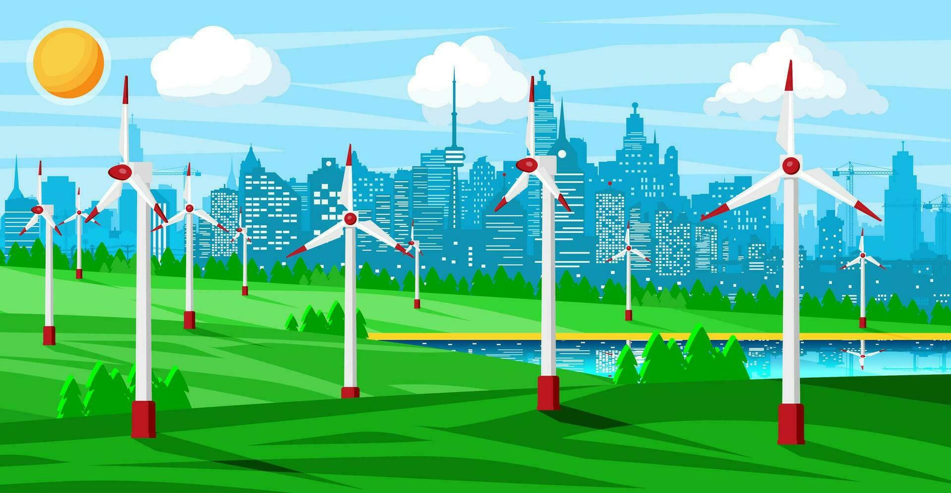 Wind Bauernhof im Grün Felder unter Bäume. Natur Landschaft mit modern Windmühlen. Grün Energie Konzept Banner. Ökologie Alternative Energie Quelle Technologie. eben Vektor Illustration