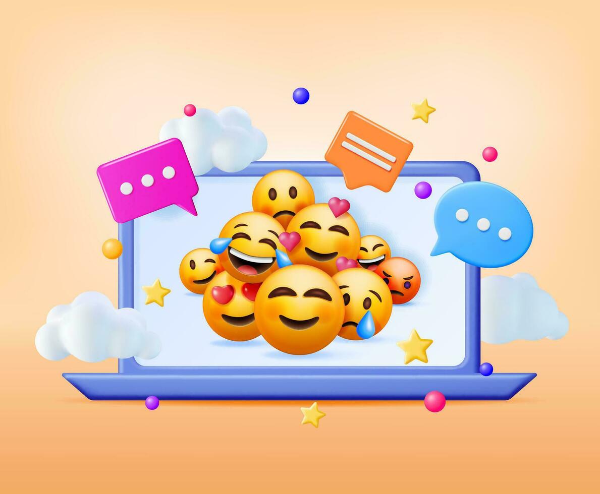 3d einstellen von Emoticons im Laptop. Sozial Medien Gelb Gesichter mit verschiedene Emotionen und Ausdruck. zerreißen Lächeln traurig Liebe glücklich unzufrieden mögen lol wütend zwinkern Lachen Emoji Charakter. Vektor Illustration