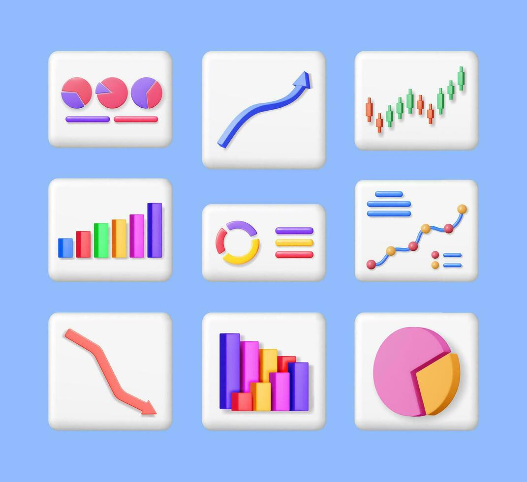 3d uppsättning av finansiell rapporter isolerat. framställa samling av dokument med stock Diagram och pil visar tillväxt eller Framgång. finansiell Artikel, Rapportera, företag investering, pengar. vektor illustration