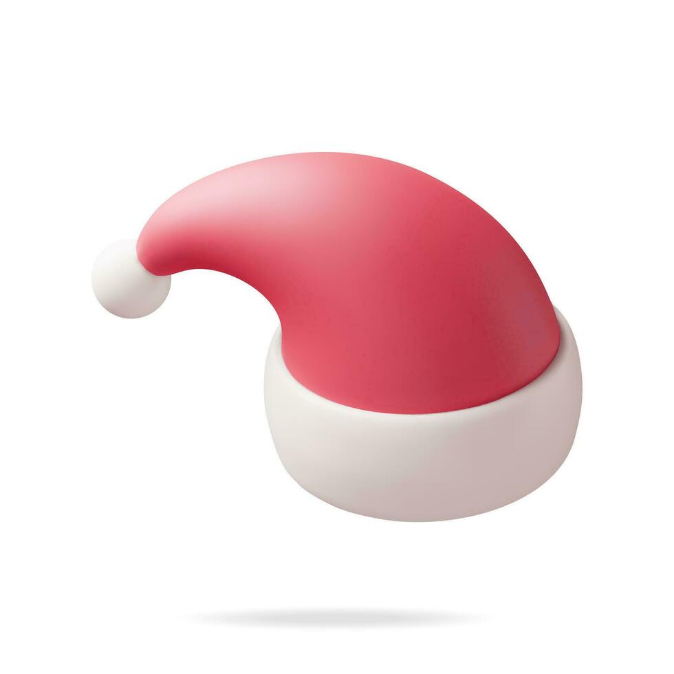 3d röd santa claus hatt isolerat på vit. framställa hatt med päls och pompong. Lycklig ny år dekoration. glad jul kläder Semester. ny år och xmas firande. realistisk vektor illustration